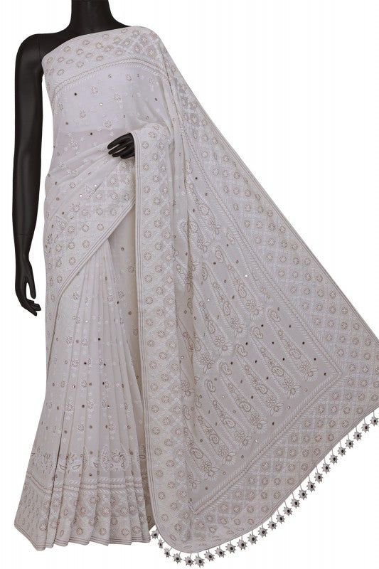Ada Hand Embroidered White Pure Georgette Lucknowi Chikankari Saree/Blouse with Pearl work- A360411