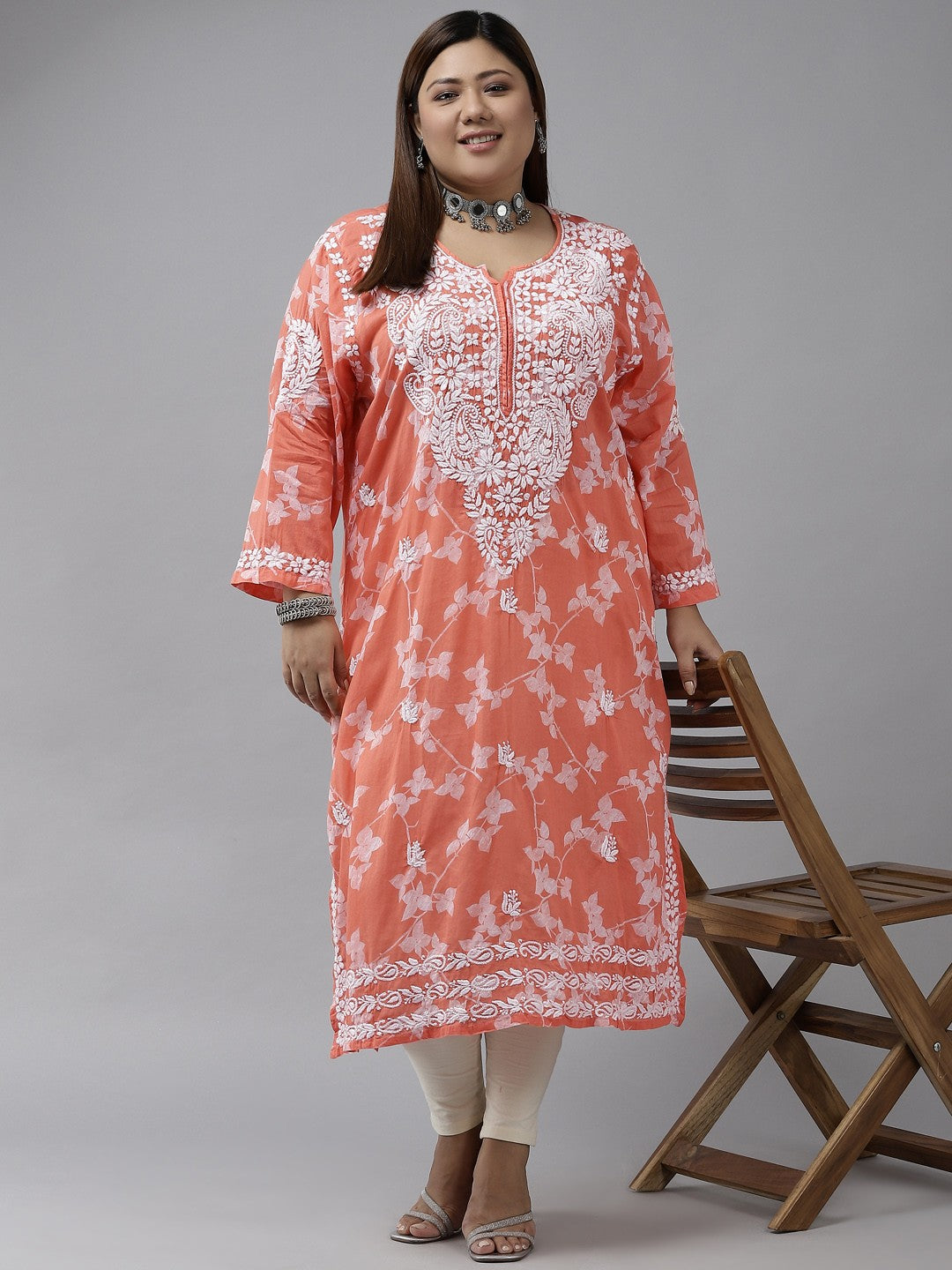 Ada Hand Embroidered Orange Cotton Lucknowi Chikankari Straight Kurta A411265