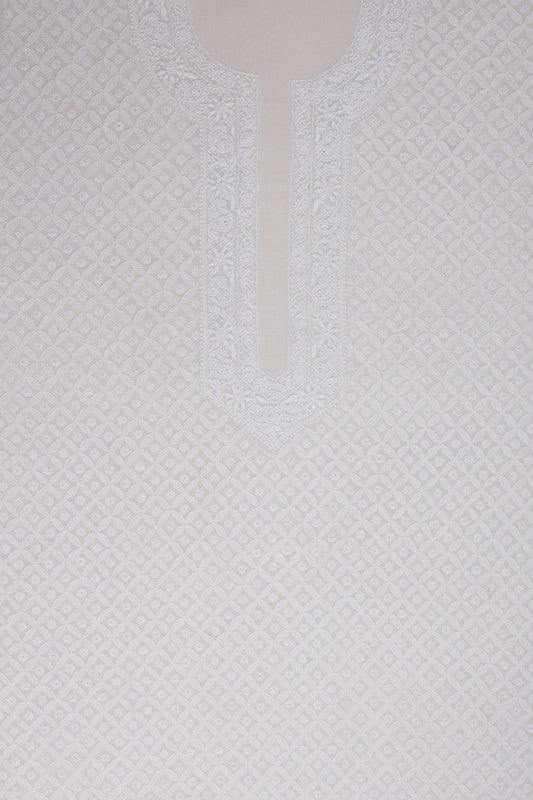 Ada Hand Embroidered White Pure Georgette Lucknowi Chikan Unstitched Men's Kurta Piece- A595431