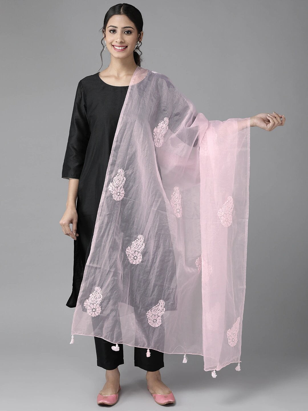 Ada Hand Embroidered Pink Organza Lucknowi Chikankari Dupatta- A511170