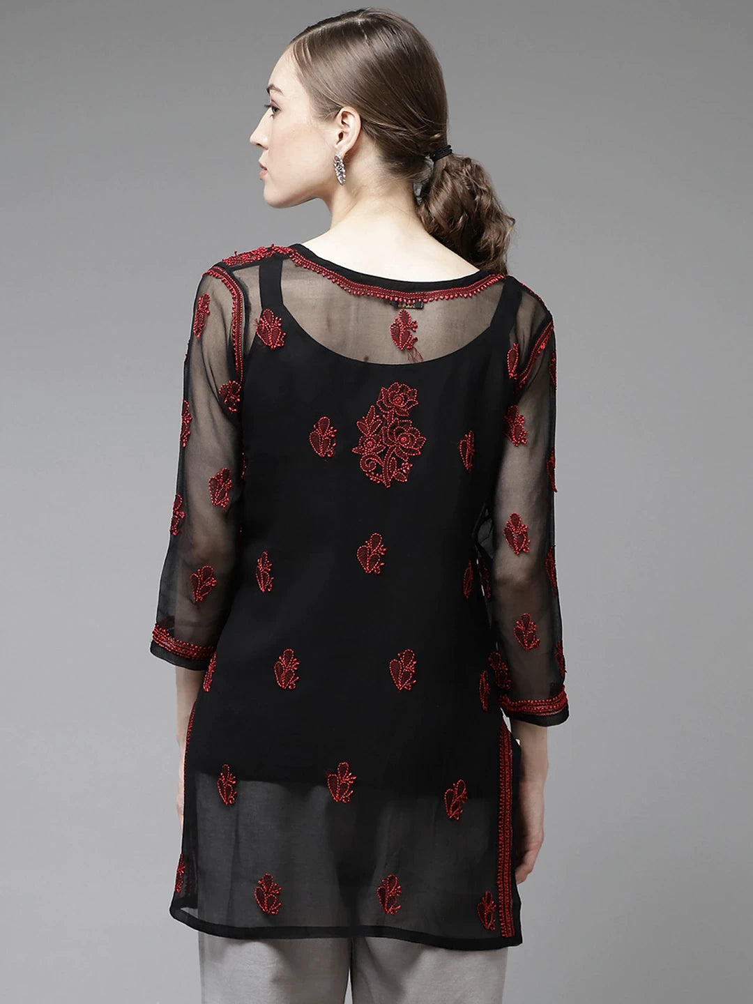 Ada Hand Embroidered Black Georgette Lucknowi Chikankari Kurti With Slip A911135