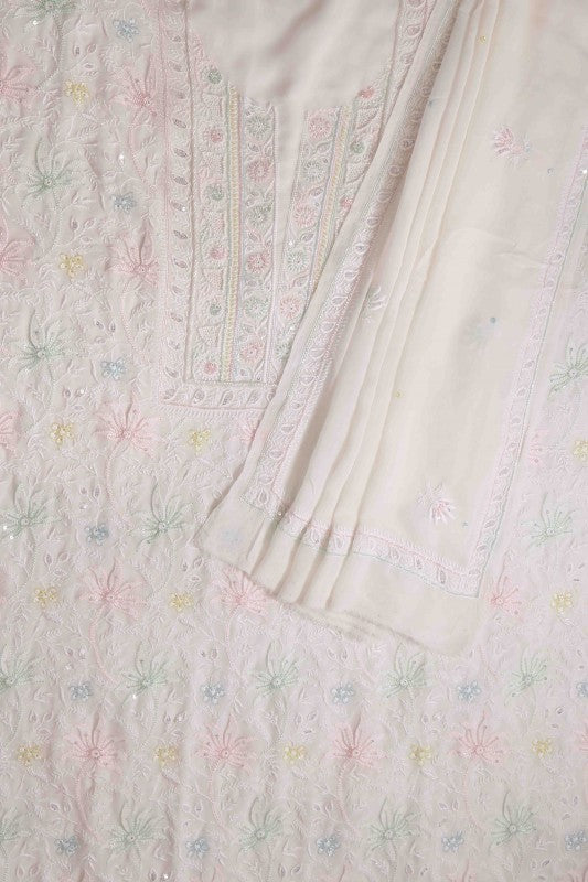 Ada Hand Embroidered White Pure Georgette Lucknowi Chikan Unstitched Kurta Dupatta Set with Pearl & Sequinned Work A466173