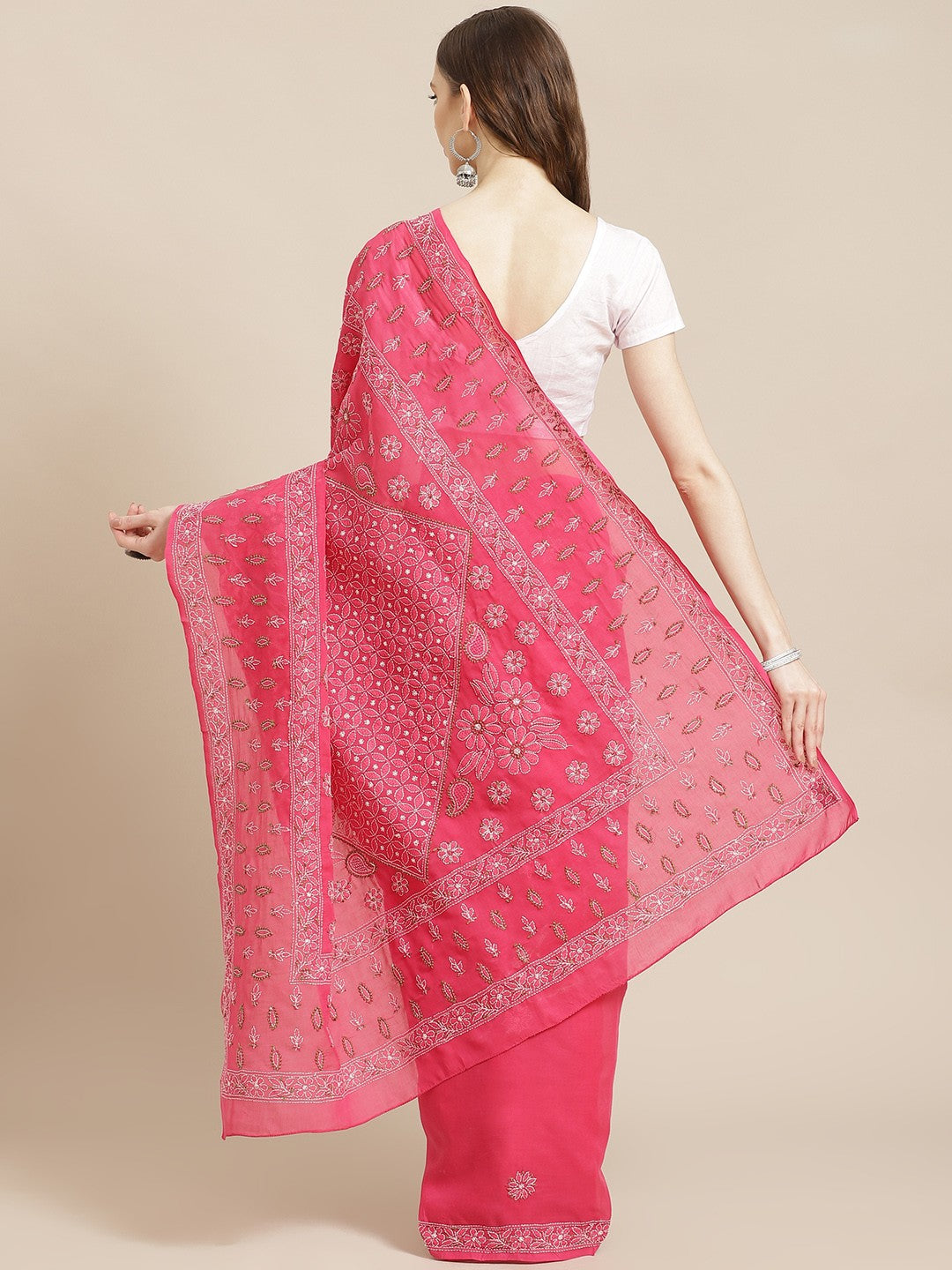 Ada Hand Embroidered Magenta Cotton Lucknow Chikan Saree With Blouse-A311206