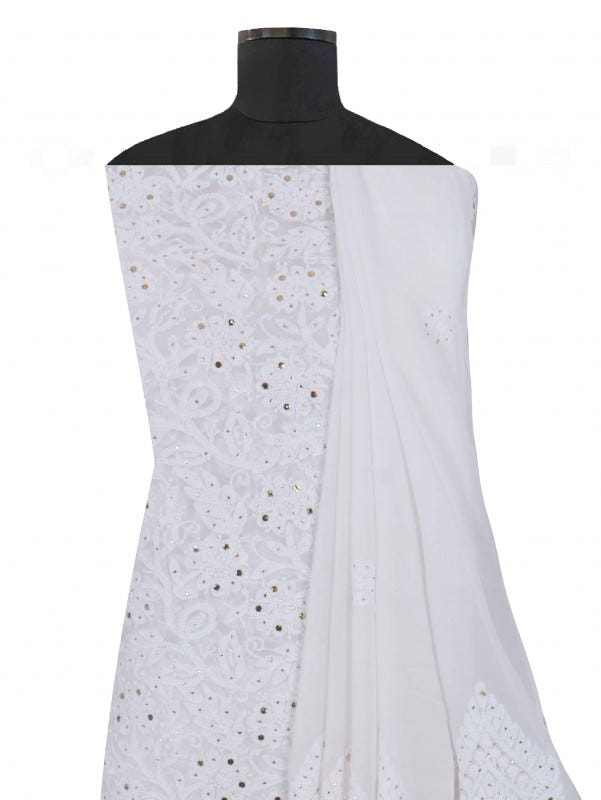 Ada Hand Embroidered White Georgette Lucknowi Chikankari Unstitched Kurta Dupatta Set with Muqaish Work  01A227531