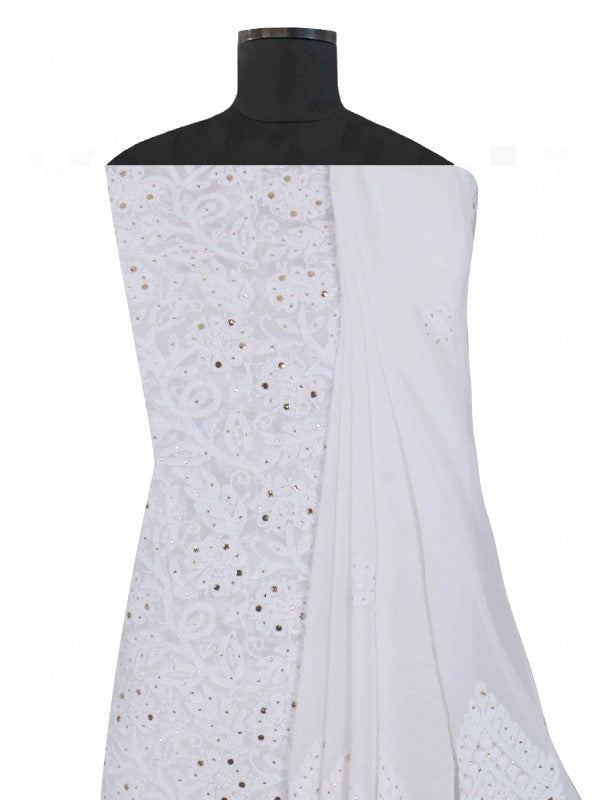 Ada Hand Embroidered White Georgette Lucknowi Chikankari Unstitched Kurta Dupatta Set with Muqaish Work  01A227531