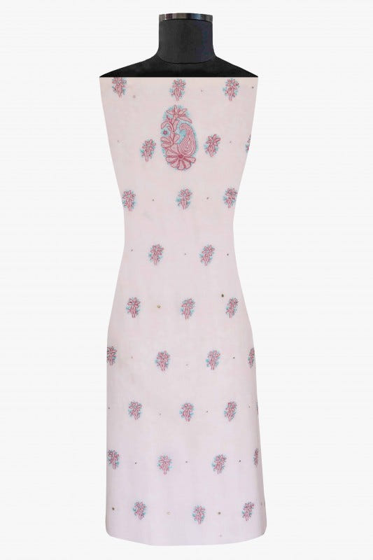 Ada Hand Embroidered White Georgette Lucknowi Chikan Unstitched Kurta Dupatta Set with Muqaish Work A157225