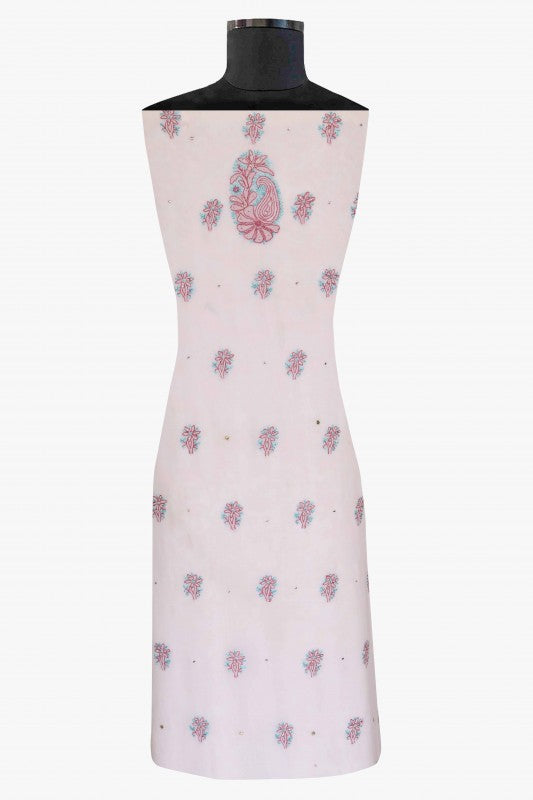 Ada Hand Embroidered White Georgette Lucknowi Chikan Unstitched Kurta Dupatta Set with Muqaish Work A157225