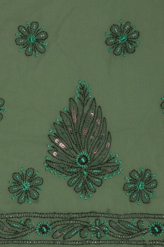 Ada Hand Embroidered Green Georgette Lucknowi Chikan Unstitched Kurta Piece with Pearl & Sequinned Work A31013