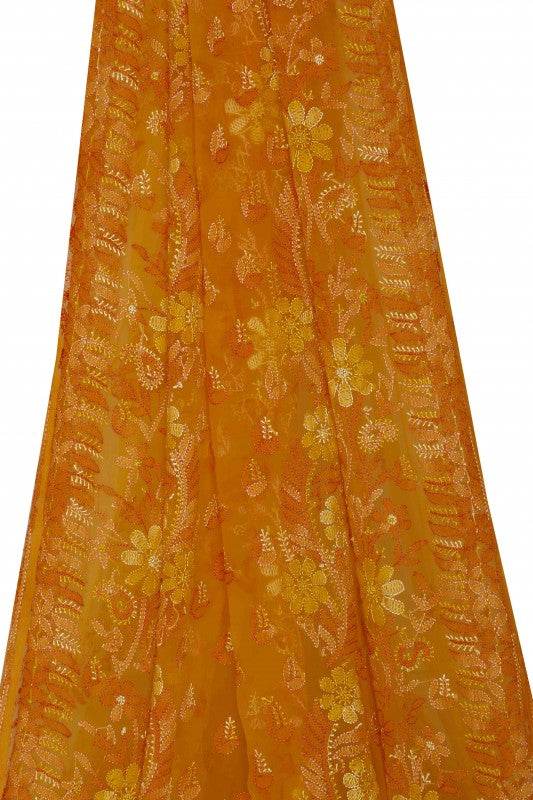 Ada Hand Embroidered Tangerine Orange Georgette Lucknowi Chikankari Saree with Blouse A610288