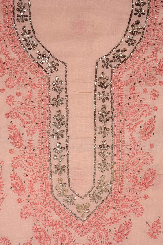 Ada Hand Embroidered Peach Cotton Lucknowi Chikan Unstitched Kurta Piece With Muqaish Work A281435