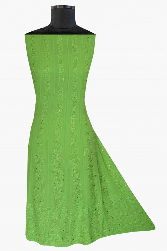 Ada Hand Embroidered Parrot Green Georgette Lucknowi Chikankari Semi-Stitched Anarkali Kurta Dupatta Set With Muqaish Work A619753