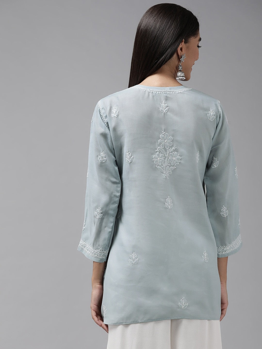 Ada Hand Embroidered Grey Cotton Lucknowi Chikankari Straight Kurti A911240