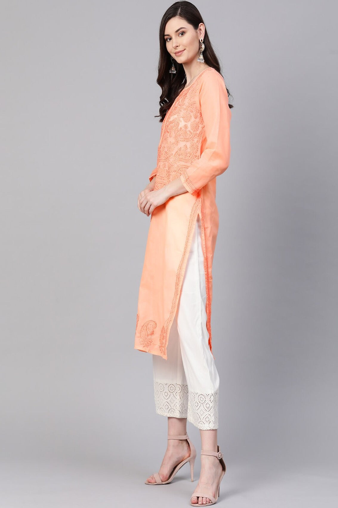 Ada Hand Embroidered Peach Cotton Lucknowi Chikankari Straight Kurta A100369