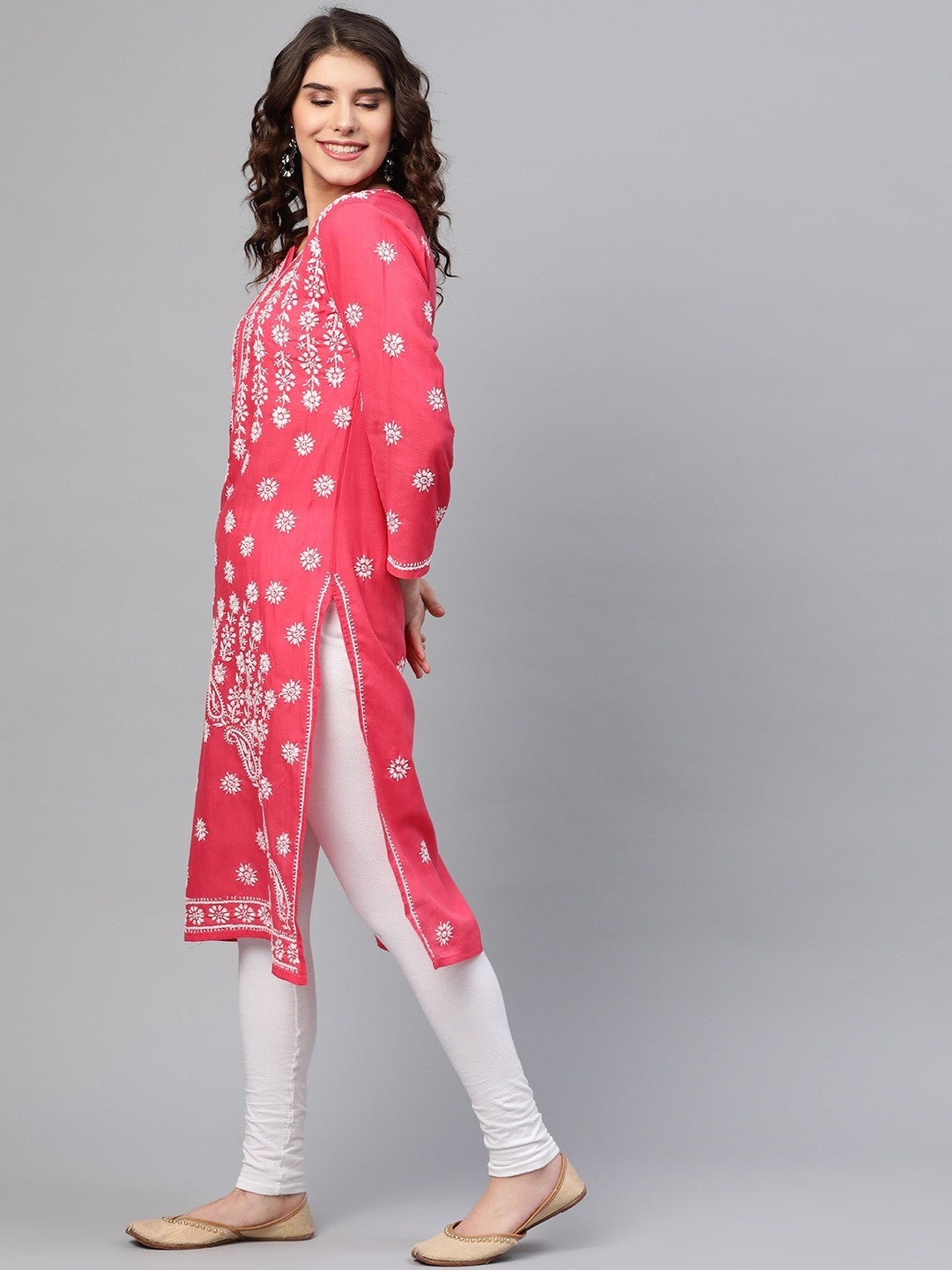 Ada Hand Embroidered Coral Pink Cotton Lucknow Chikankari Straight  Kurta  A133720