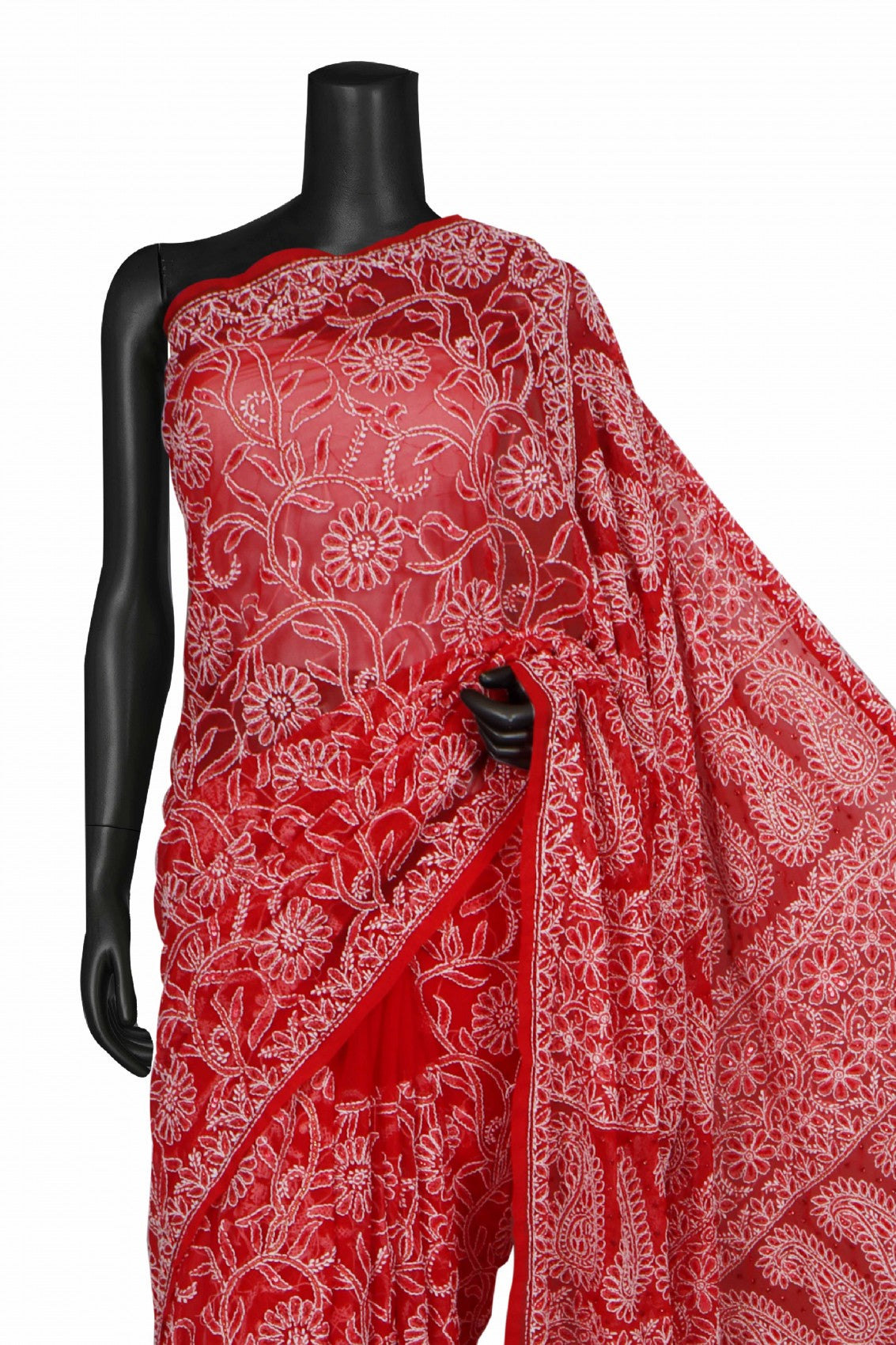 Ada Hand Embroidered Red Georgette Lucknowi Chikankari Saree/Blouse With Cutdana Work 01A204577