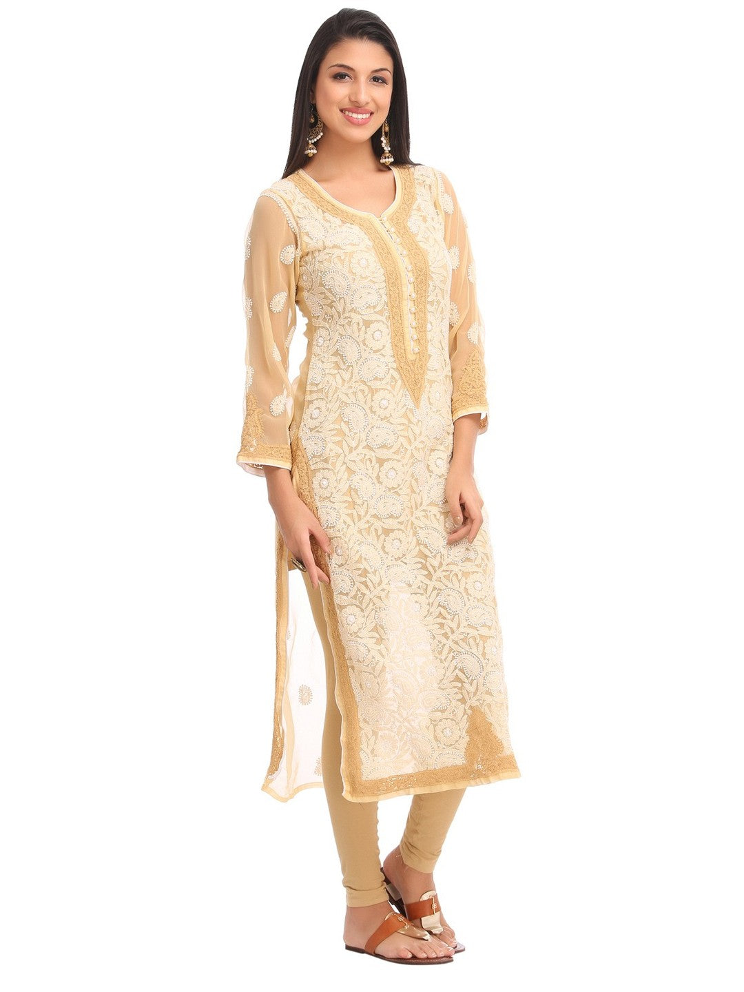 Ada Hand Embroidered Fawn Georgette Lucknowi Chikankari Straight  Kurta with Slip A246735