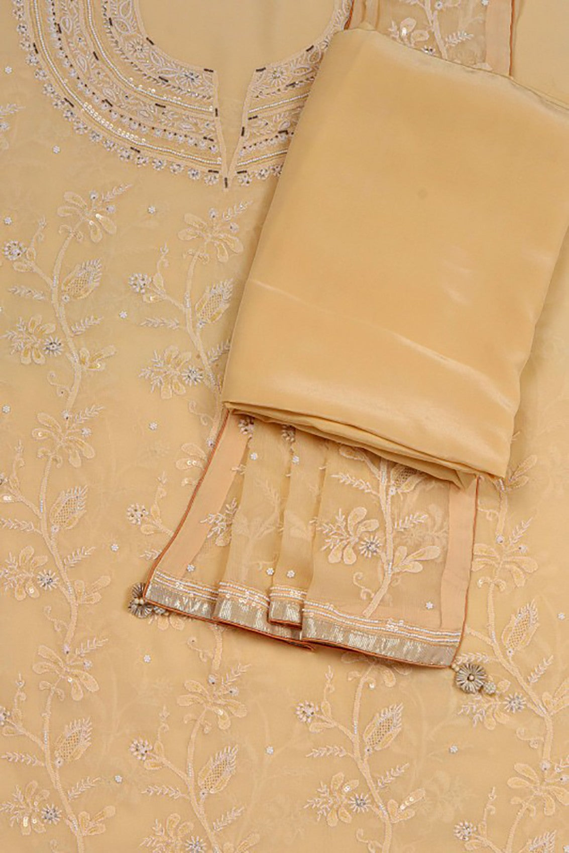 Ada Hand Embroidered Fawn Pure Georgette Lucknowi Chikankari Unstitched Suit Piece With Pearl Work A58116
