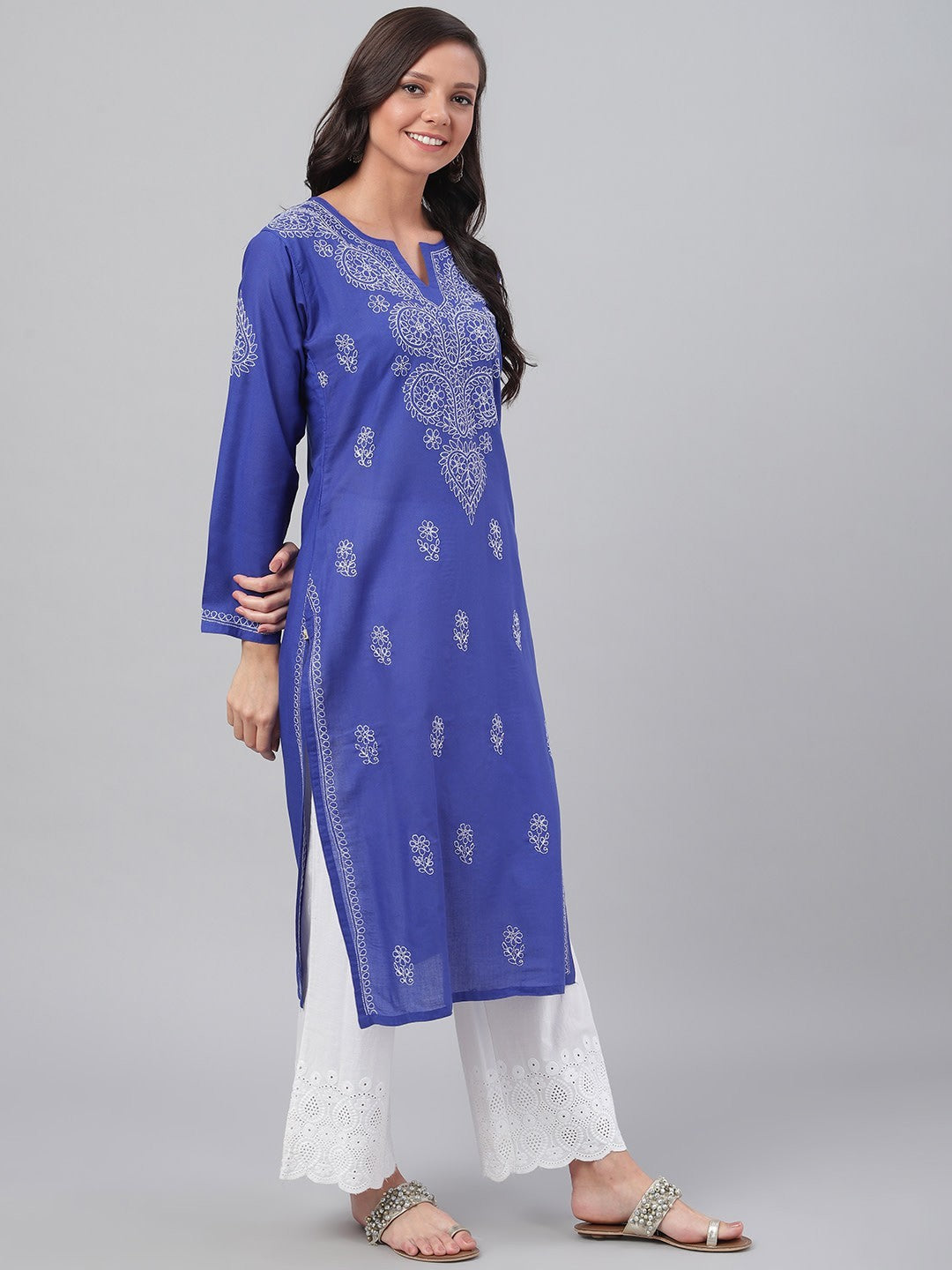 Ada Hand Embroidered Royal Blue Cotton Lucknow Chikan Straight Kurta A100480
