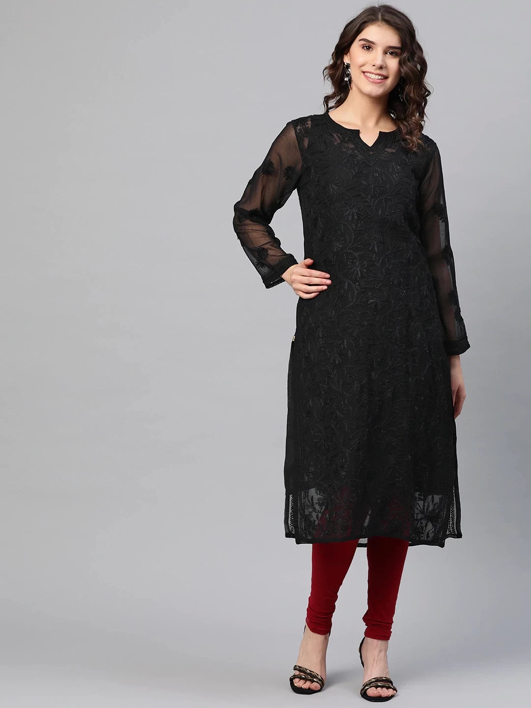 Ada Hand Embroidered Black Georgette Lucknow Chikankari Straight Kurta with Slip A200509