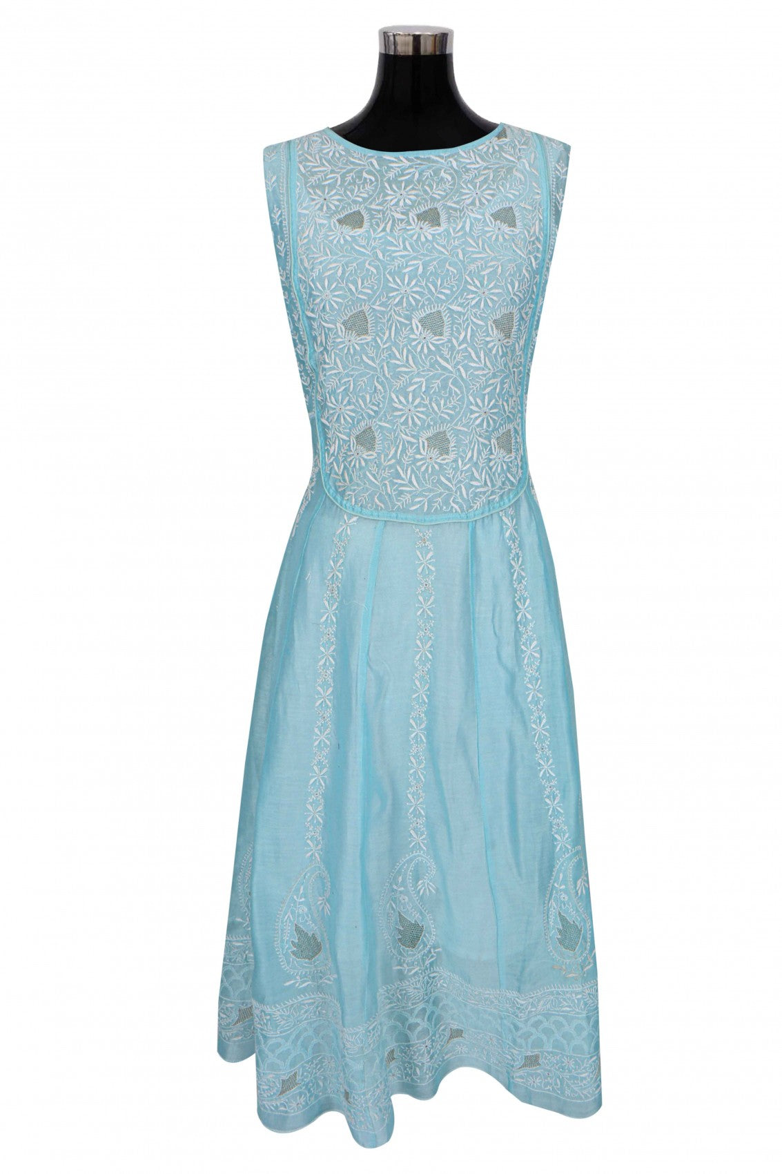 Ada Hand Embroidered Sky Blue Chanderi Lucknowi Chikankari Semi-Stitched Anarkali Kurta Dupatta Set With Zari Work 01A205817