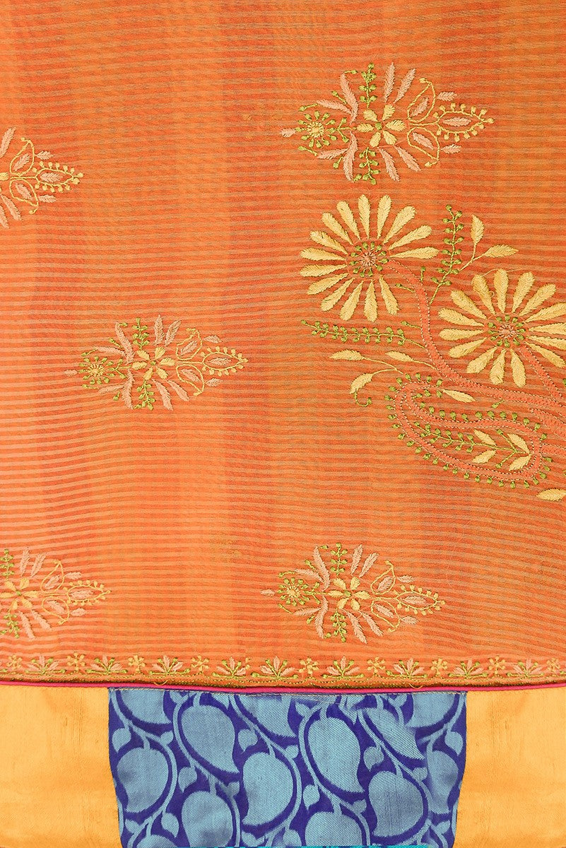 Ada Hand Embroidered Orange Kota Lucknowi Chikankari Saree With Blouse A56516