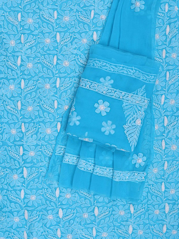 Ada Hand Embroidered Blue Georgette Lucknowi Chikankari Unstitched Suit Piece 01A209149