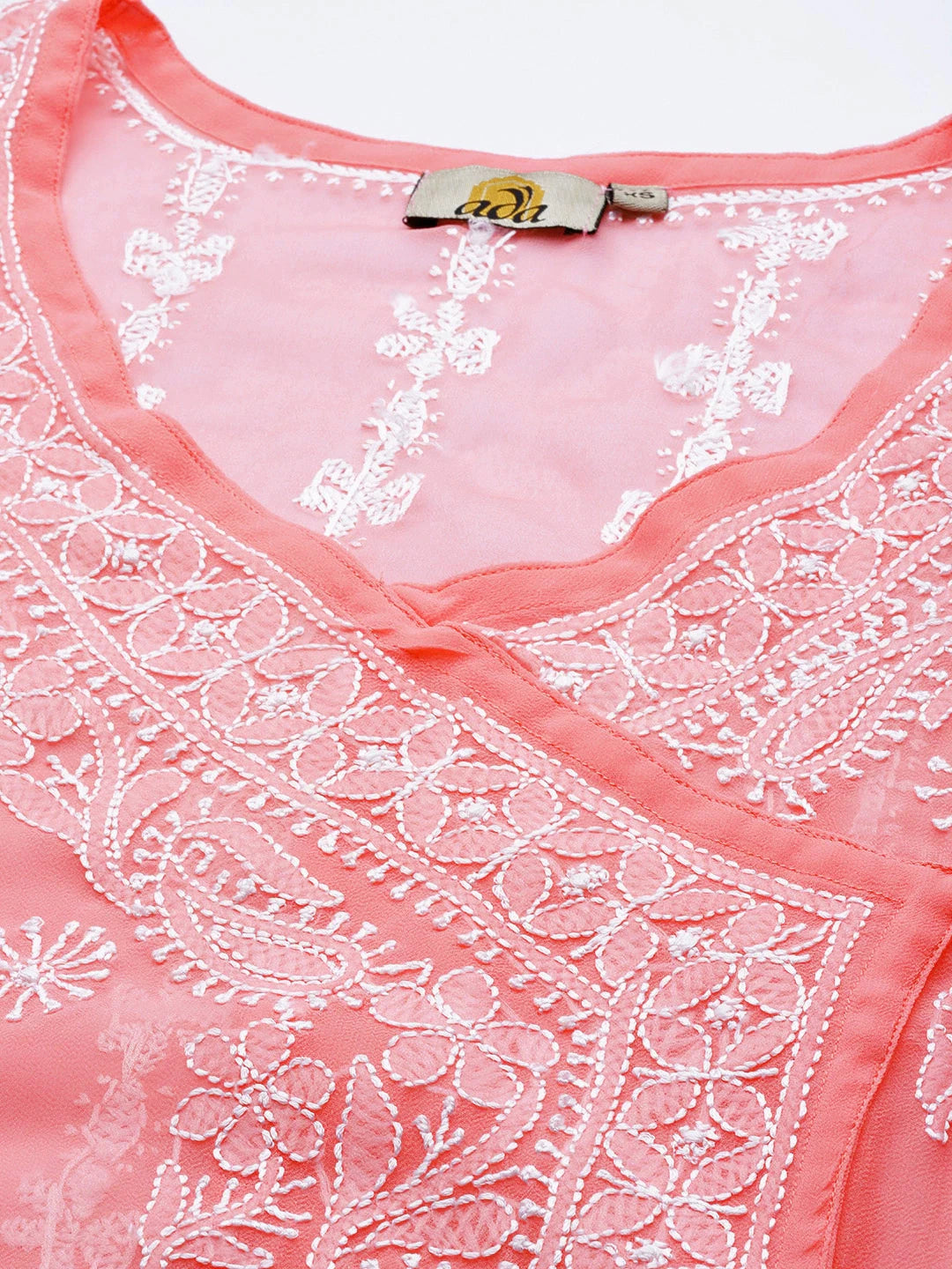 Ada Hand Embroidered Peach Georgette Lucknow Chikankari Angarkha Kurta with Slip A411261