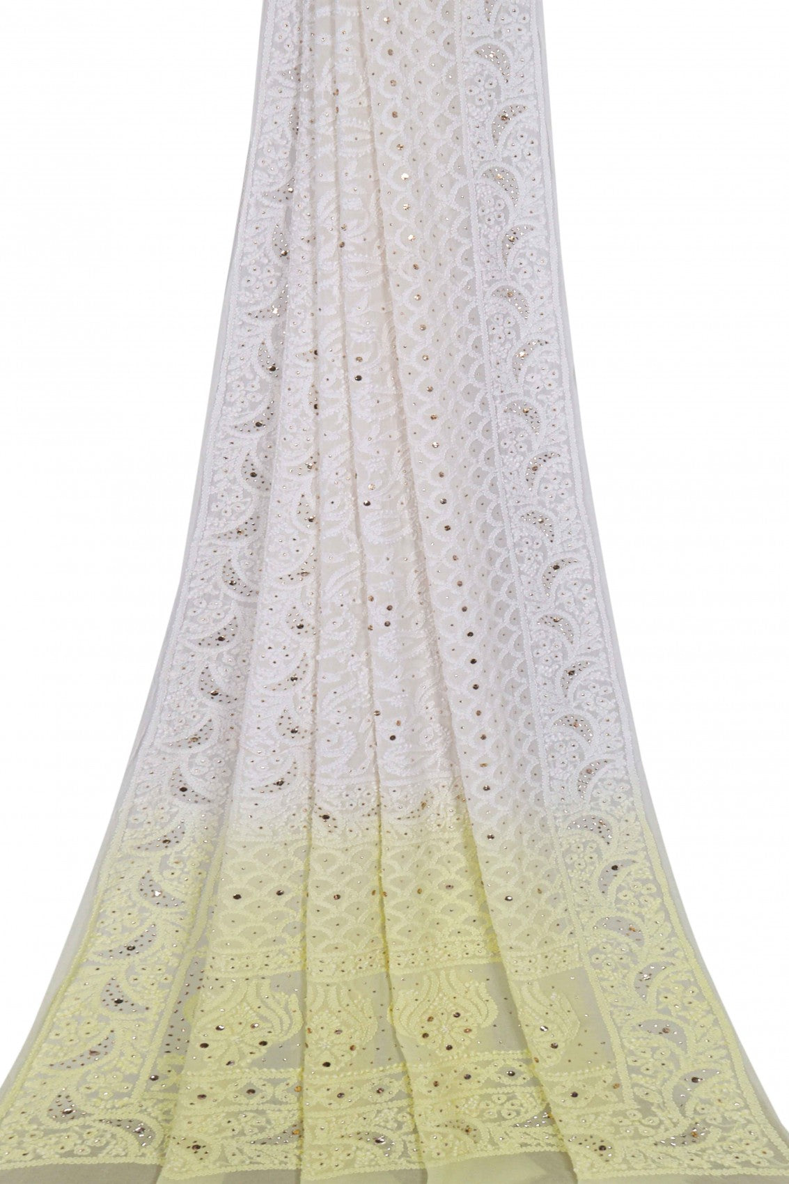 Ada Hand Embroidered Dual Shade Lemon/White Georgette Lucknowi Chikankari Dupatta With Muqaish Work 01A187051