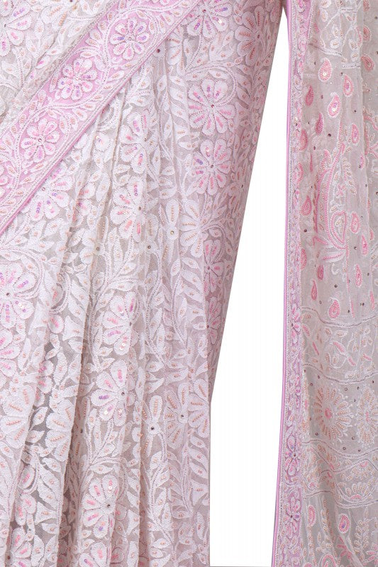 Ada Hand Embroidered White Net Lucknowi Chikankari Saree/Blouse With Pearl Work A1156