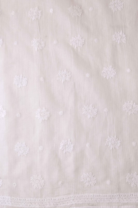 Ada Hand Embroidered White Kota Lucknowi Chikan Unstitched Kurta Dupatta-A618166