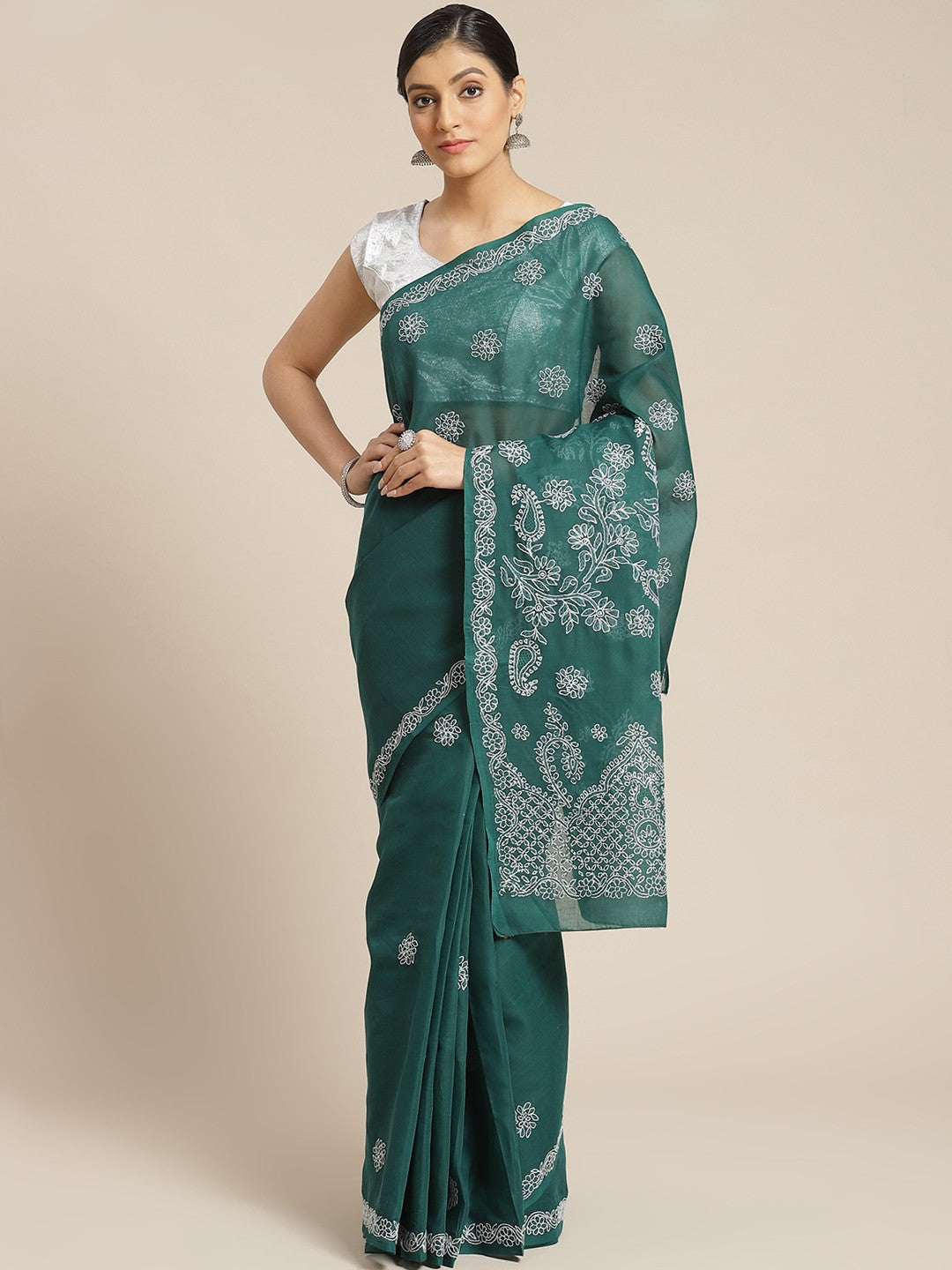 Ada Hand Embroidered Dark Green Cotton Lucknow Chikan Saree With Blouse A311148