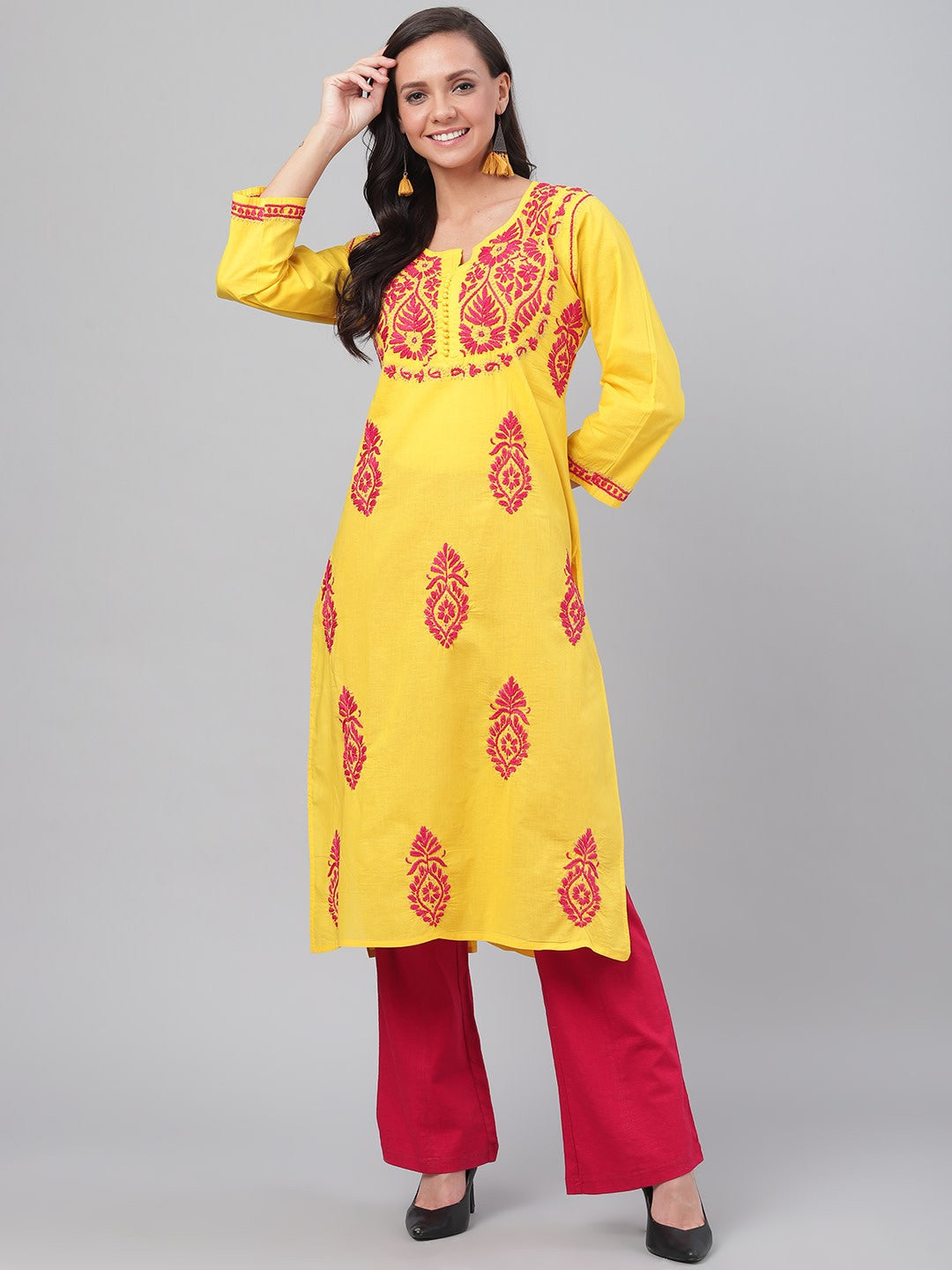 Ada Hand Embroidered Yellow Cotton Lucknowi Chikankari Straight Kurta A357848