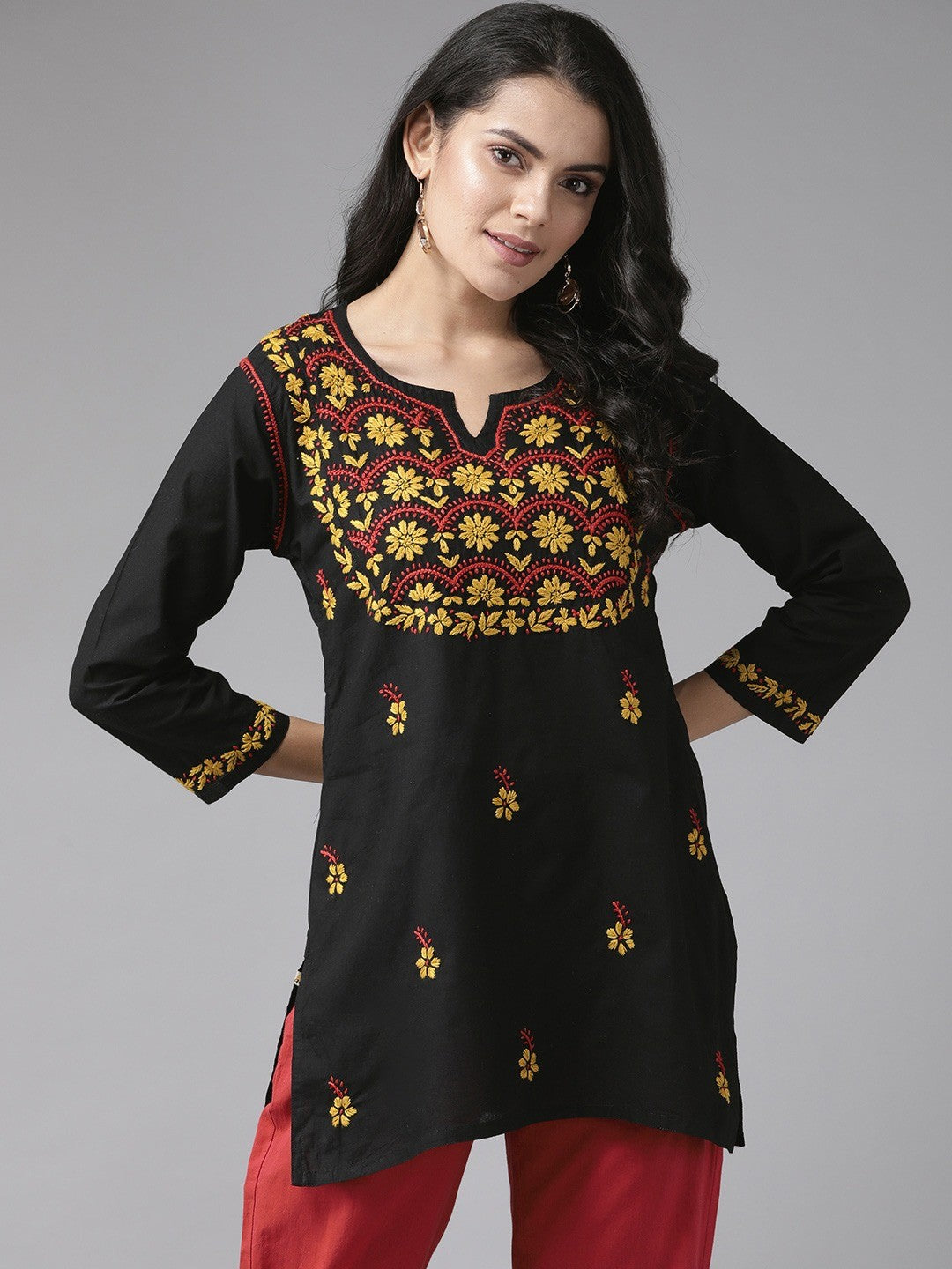 Ada Hand Embroidered Black Cotton Lucknowi Chikan Kurti A911117