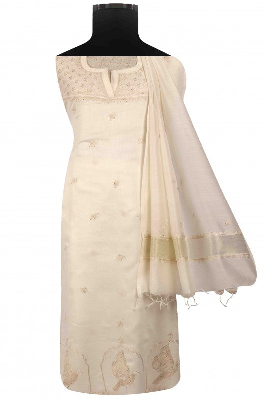 Ada Hand Embroidered Cream Chanderi Lucknowi Chikan Unstitched Kurta Dupatta Set A595357