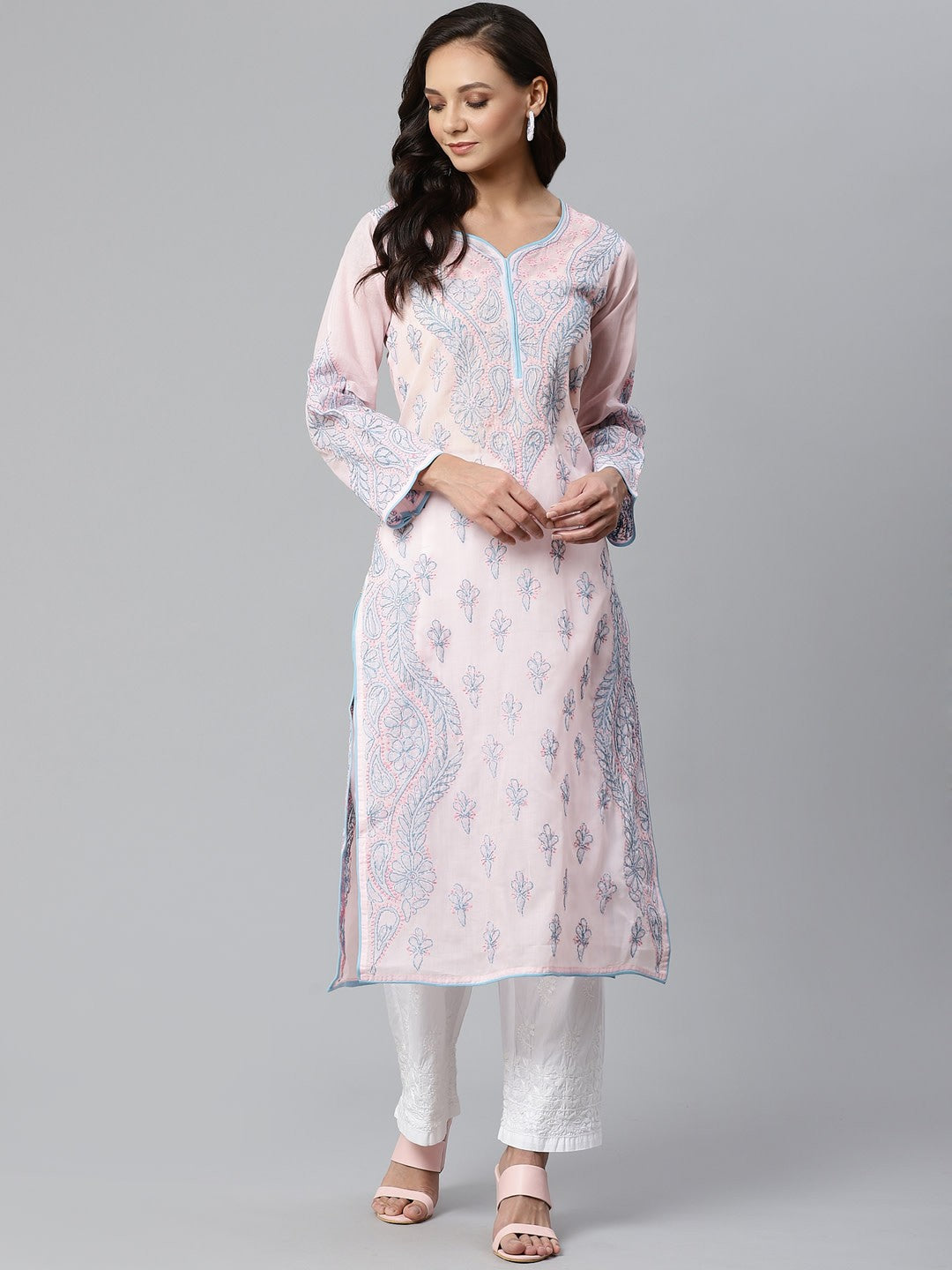 Ada Hand Embroidered Pink Cotton Lucknowi Chikankari Kurta with Palazzo Set A100393