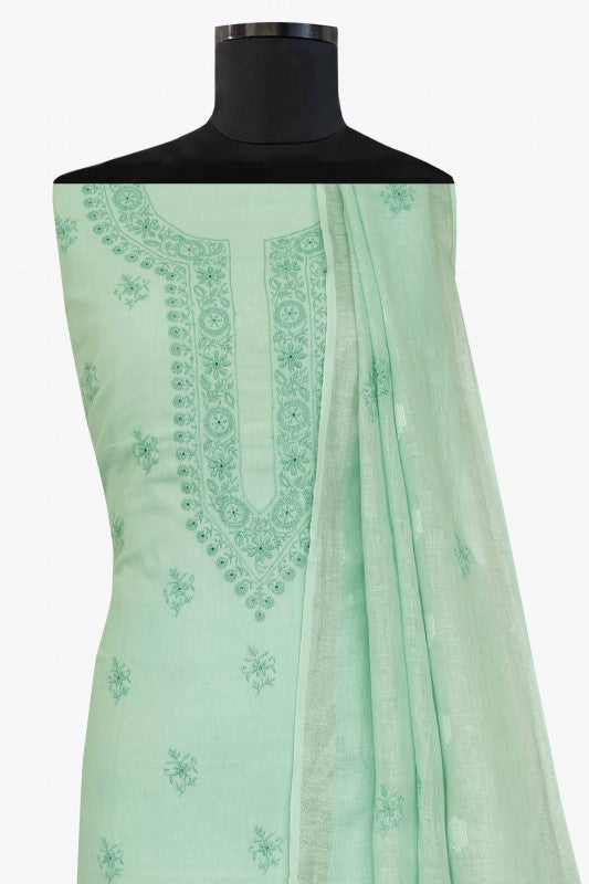 Ada Hand Embroidered Pista Green Linen Lucknowi Chikankari Unstitched Kurta Dupatta–A622077