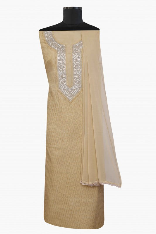Ada Hand Embroidered Fawn Cotton Lucknowi Chikan Unstitched Suit Piece–A100182