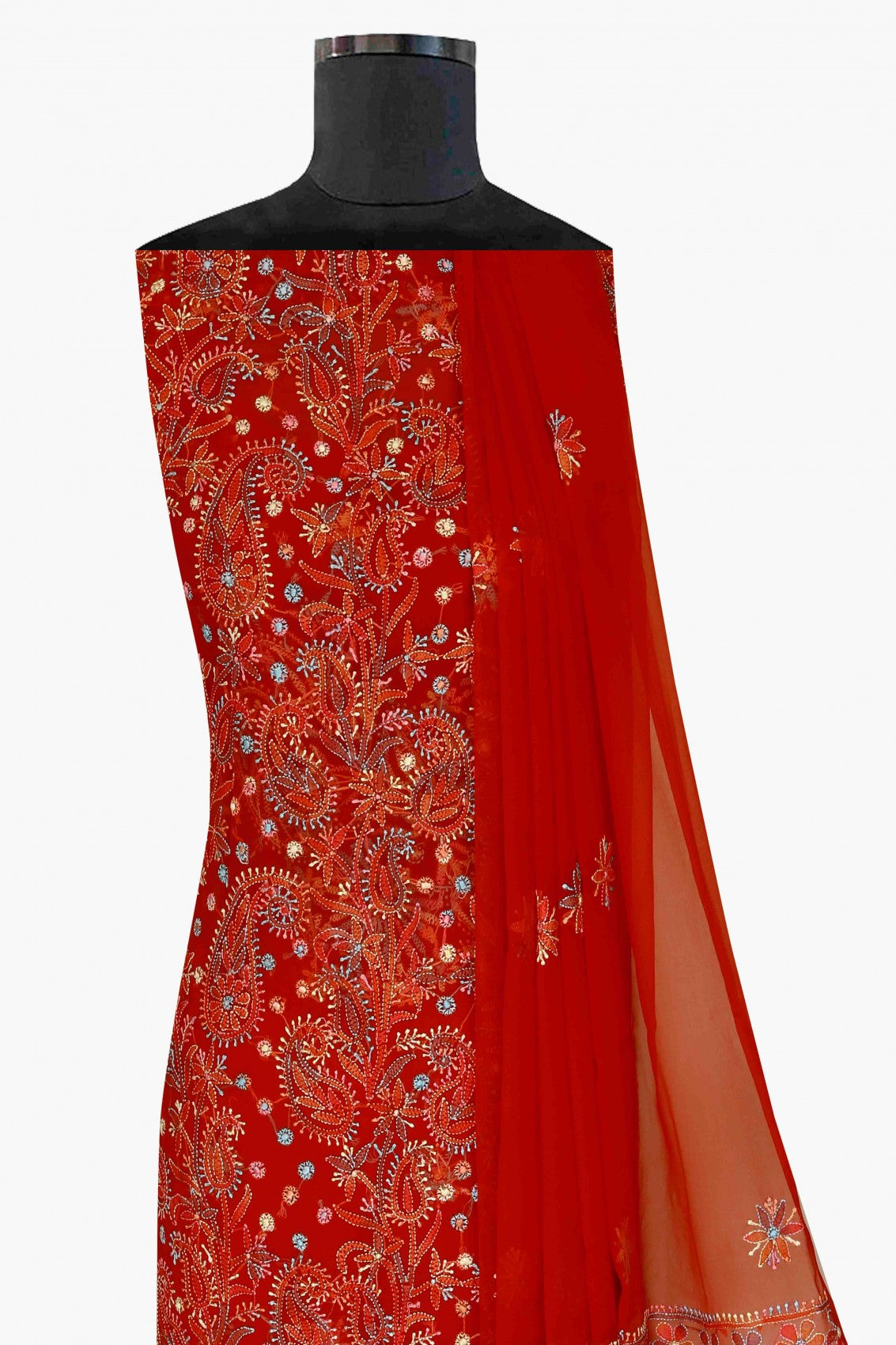 Ada Hand Embroidered Red Georgette Lucknowi Chikankari Unstitched Suit Piece A211176