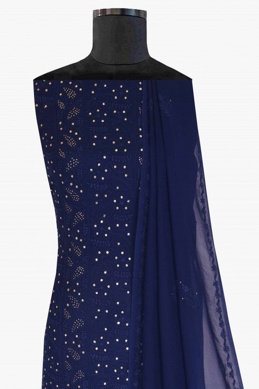 Ada Hand Embroidered Navy Blue Georgette Lucknowi Chikan Unstitched Kurta Dupatta Set With Muqaish Work- A611942