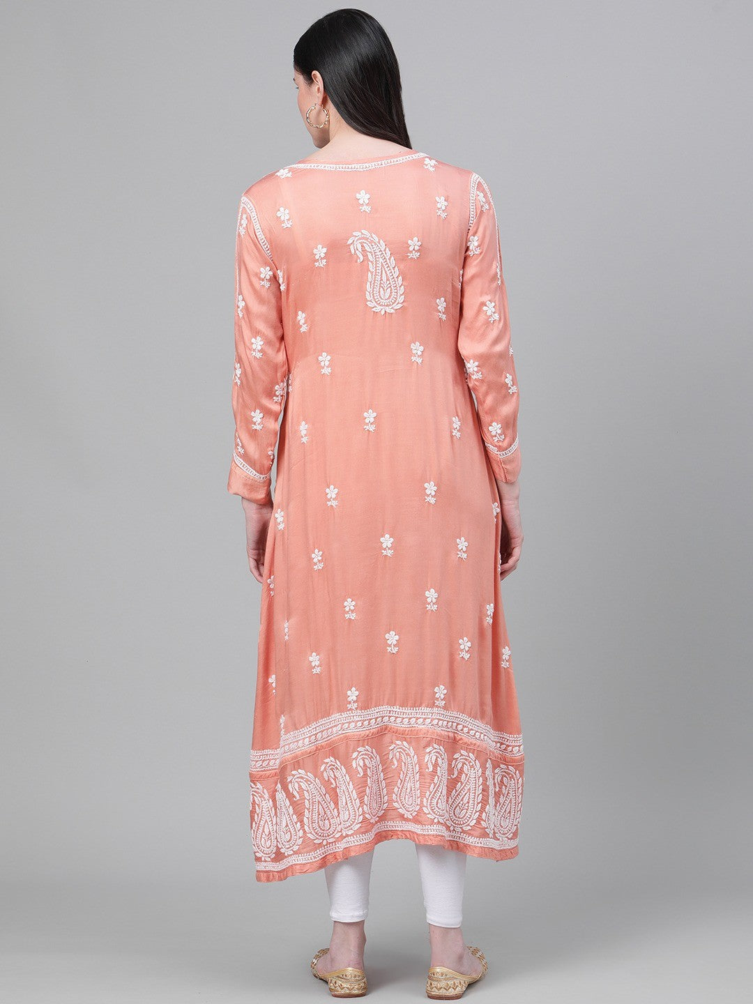 Ada Hand Embroidered Peach Satin Lucknow Chikankari Kurta-A411143