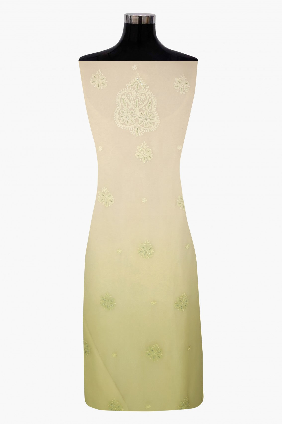 Ada Hand Embroidered Lime Green & Tea Green Ombre Shade Georgette Lucknowi Chikankari Unstitched Kurta Dupatta Set With Cutdana Work 01A255320