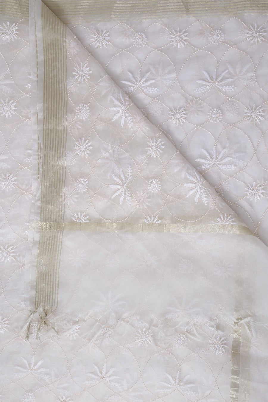 Ada Hand Embroidered White Organza Chikan Dupatta- A615365