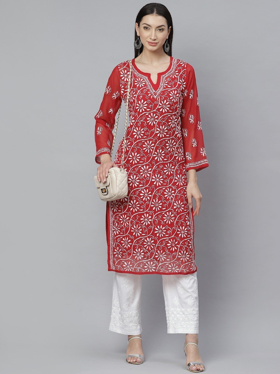 Ada Hand Embroidered Red Georgette Lucknowi Chikankari Straight Kurta/Palazzo Set With Slip A811143