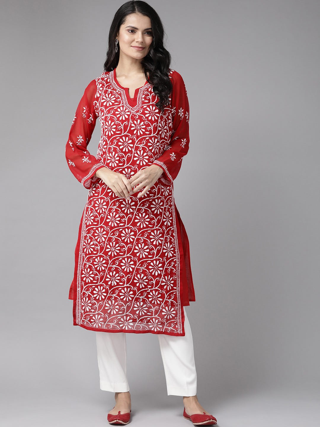 Ada Hand Embroidered Red Georgette Lucknowi Chikankari Straight Kurta with Slip A90361