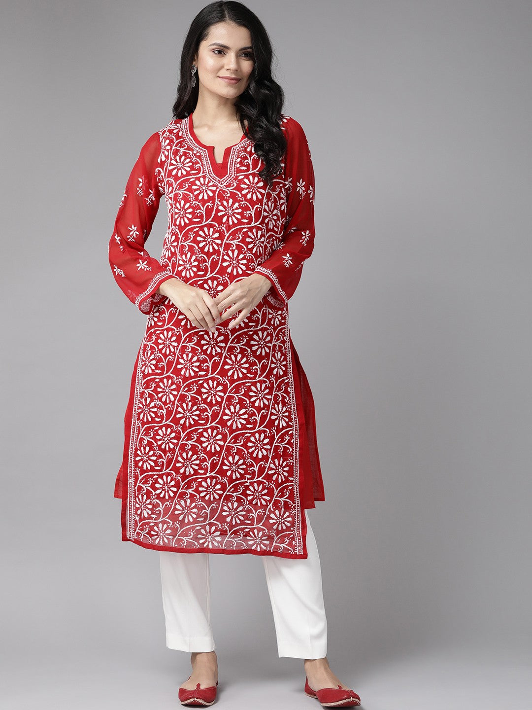 Ada Hand Embroidered Red Georgette Lucknowi Chikankari Straight Kurta with Slip A90361