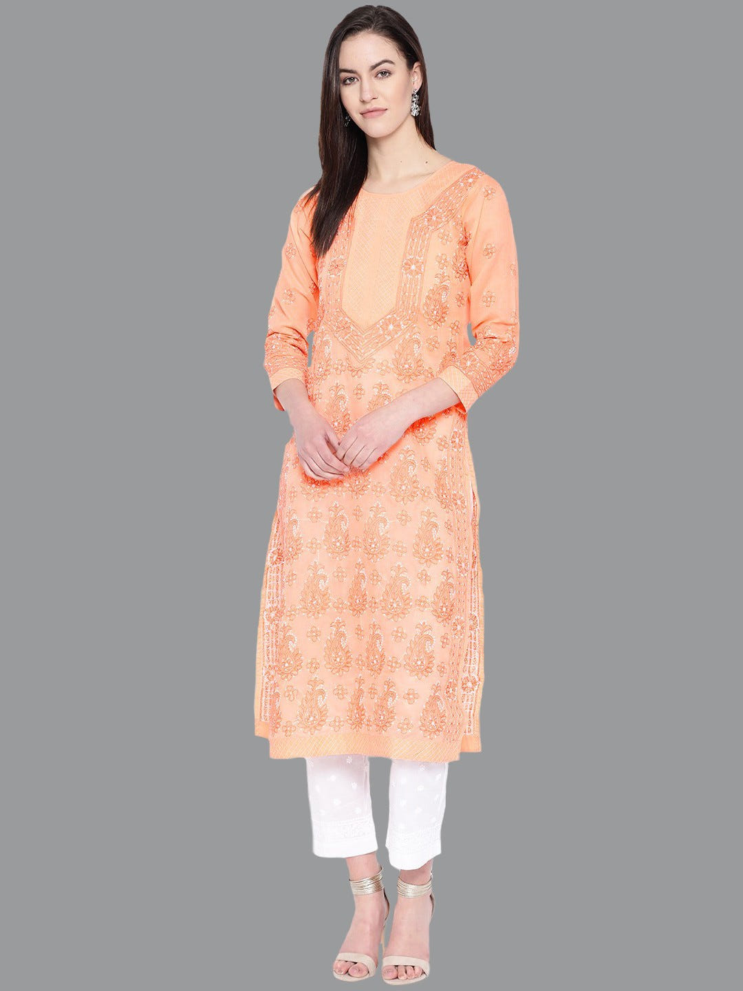 Ada Hand Embroidered Peach Cotton Lucknow Chikankari Kurta with Palazzo Set A100225
