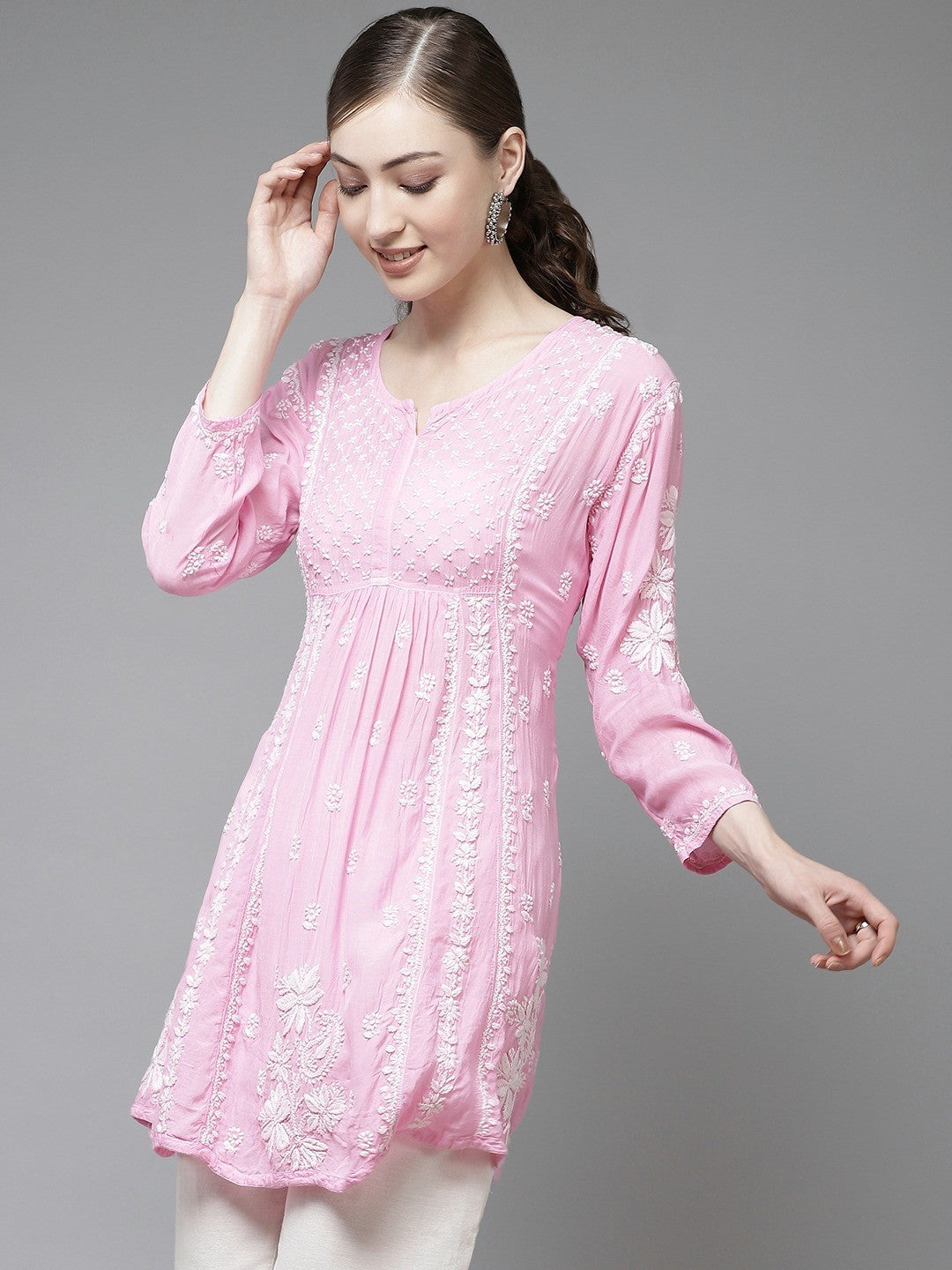 Ada Hand Embroidered Pink Muslin Lucknow Chikan Kurti-A911130