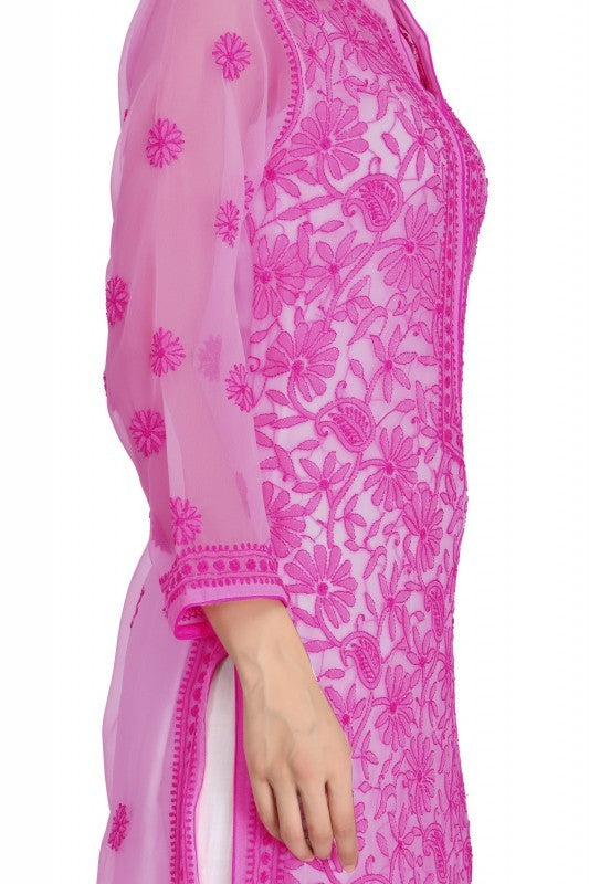 Ada Hand Embroidered Magenta Georgette Lucknowi Chikankari Straight  Kurta with Slip A227664