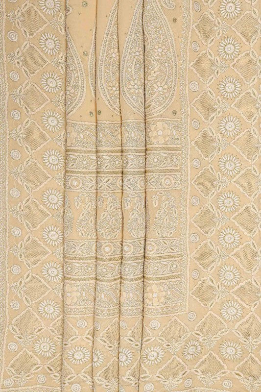 Ada Hand Embroidered Dark Butter Cream Pure Georgette Lucknowi Chikankari Saree With Blouse- A18819