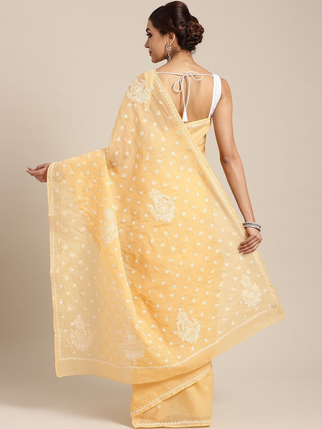 Ada Hand Embroidered Fawn Cotton Lucknow Chikan Saree with Blouse  A100133